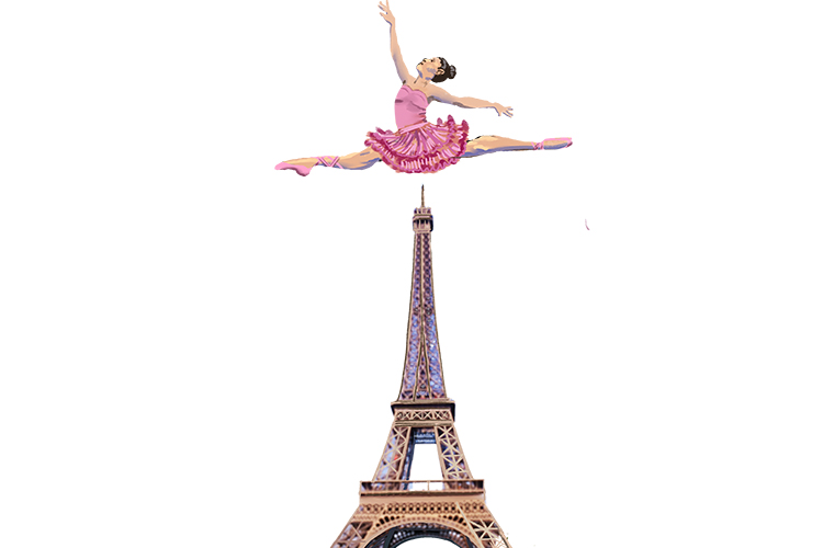 The ballet dancer leapt over the Eiffel Tower.